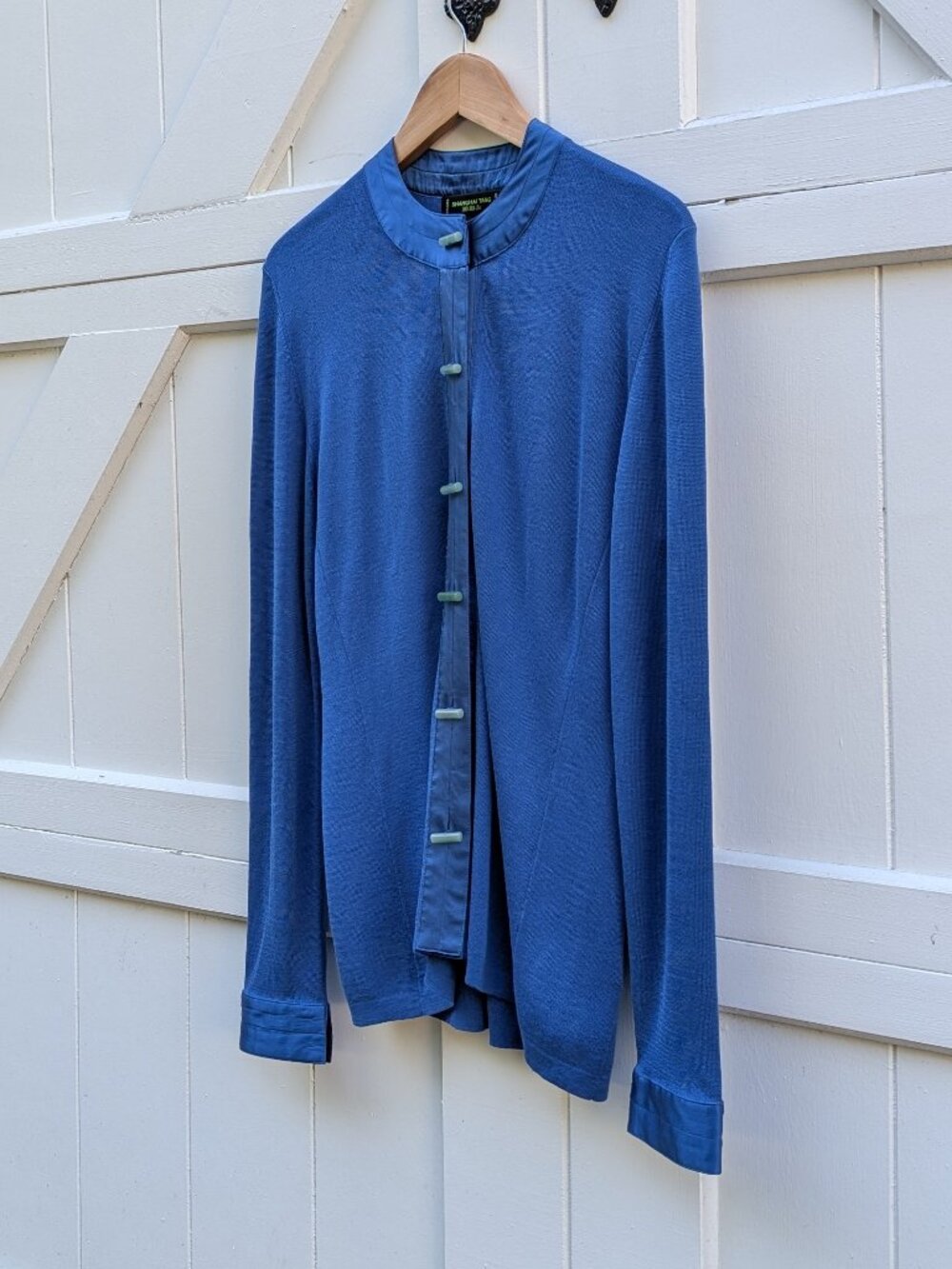 RARE Shanghai Tang Royal Blue Mulberry Silk Cotton Knit Jade Button Cardigan